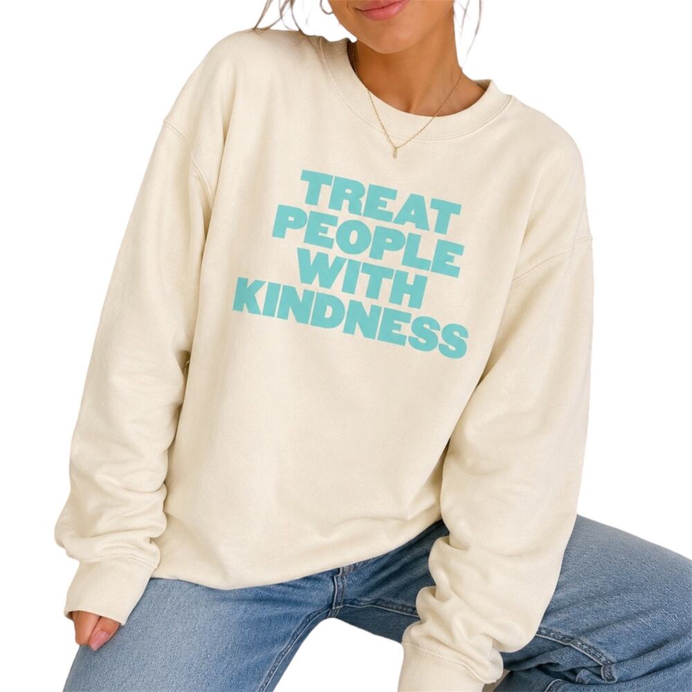 Treat People With Kindness Cream Graphic Crewneck Sweatshirt Pullover Size Large